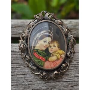 Vintage Italian Ornate 800 Silver Mother & Child Portrait Brooch / Pin /Pendant
